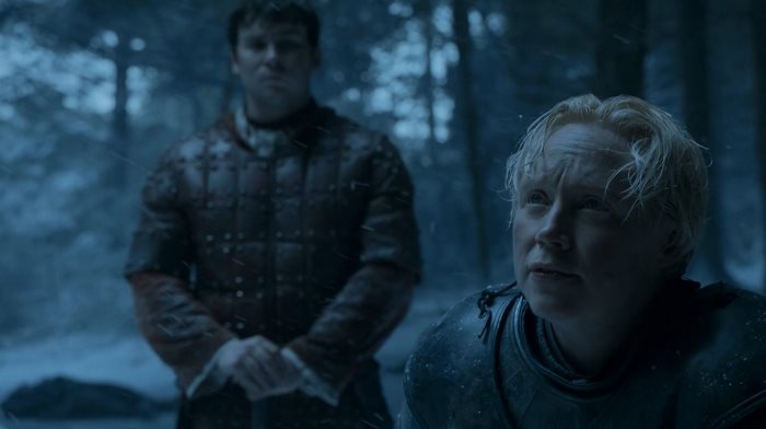 Brienne of Tarth and Podrick Payne in a snowy forest