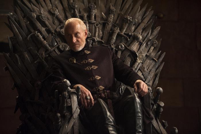 Charles Dance as Tywin Lannister on the Iron Throne