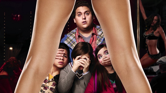 Jonah Hill and children in a strip club