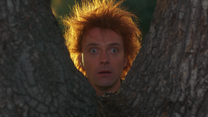 Rik Mayall peeking through trees