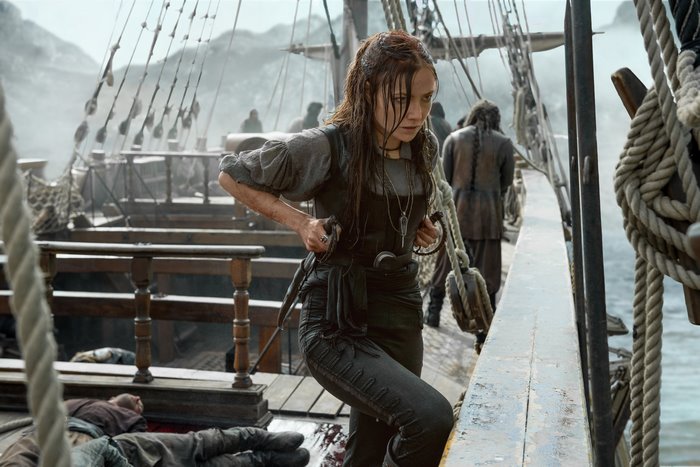Clara Paget on a pirate ship