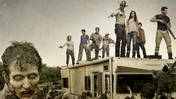 The Walking Dead characters on a Winnebago
