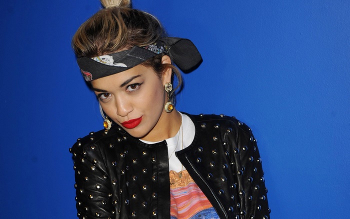 Rita Ora with bandana and studded jacket