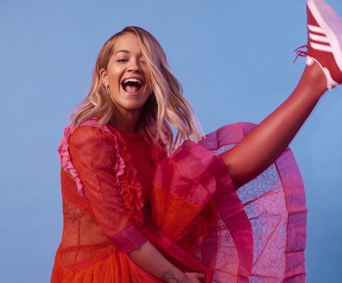 Rita Ora in red dress and pink tights
