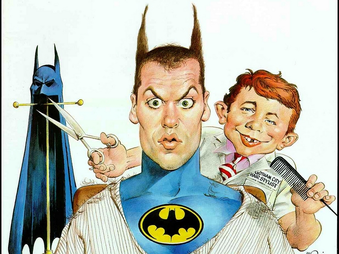 Michael Keaton as Batman with Alfred E. Neuman