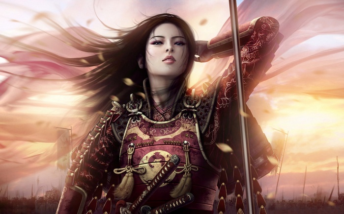 Samurai woman in armor holding a spear