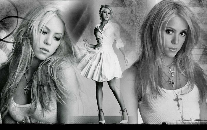 Shakira in a collage of black and white portraits