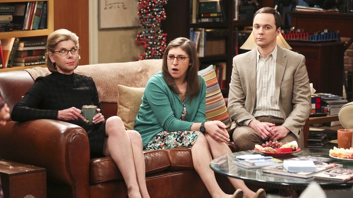 Sheldon, Amy, and Mrs. Cooper from The Big Bang Theory