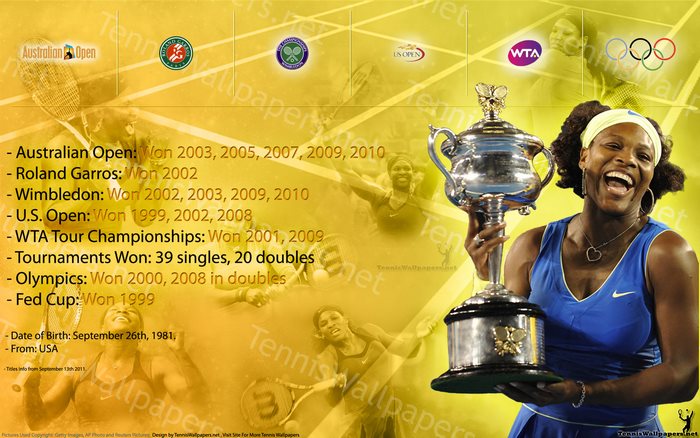 Serena Williams holding trophy with tournament wins