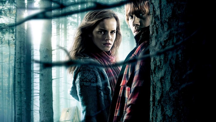 Hermione Granger and Ron Weasley from Harry Potter in a forest