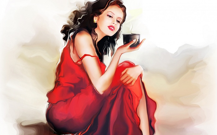 Woman in red dress holding a cup