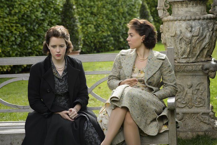 Claire Foy and Vanessa Kirby on a bench