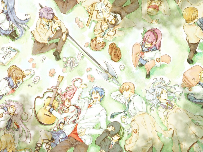 Angel Beats! characters lying on grass