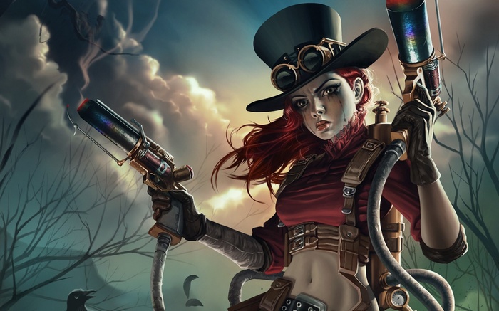 Steampunk woman with guns and top hat
