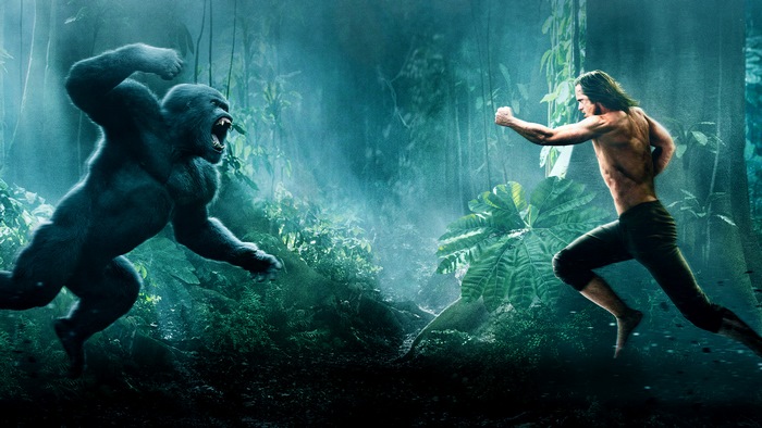 Tarzan fighting a gorilla in a jungle
