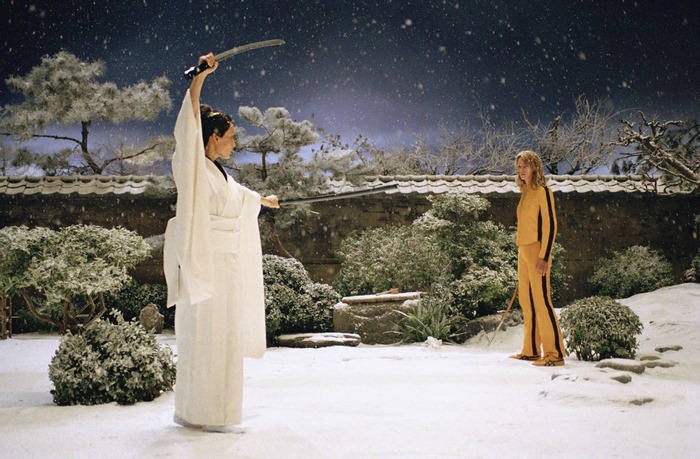 Uma Thurman in a snow-covered garden