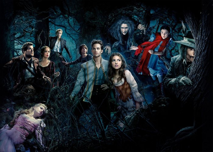 Into the Woods characters in a dark forest