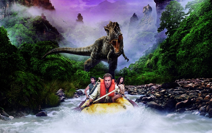 Will Ferrell and others raft past a Tyrannosaurus Rex
