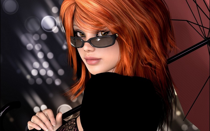 Woman with red hair and sunglasses holding an umbrella