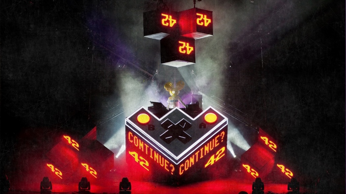 Deadmau5 performing live with "42 CONTINUE?" stage design