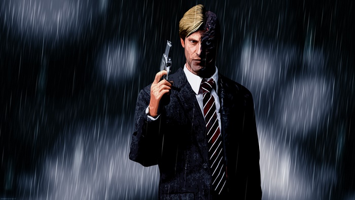 Two-Face from Batman holding a gun in the rain