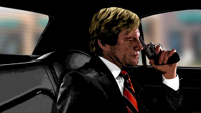 Aaron Eckhart in a car holding a gun