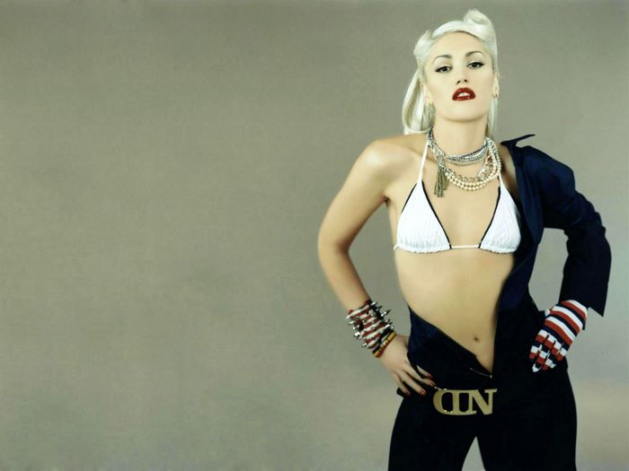 Gwen Stefani in a bikini top and jacket