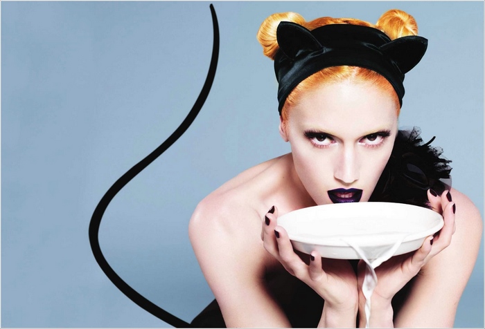 Gwen Stefani with cat ears and milk