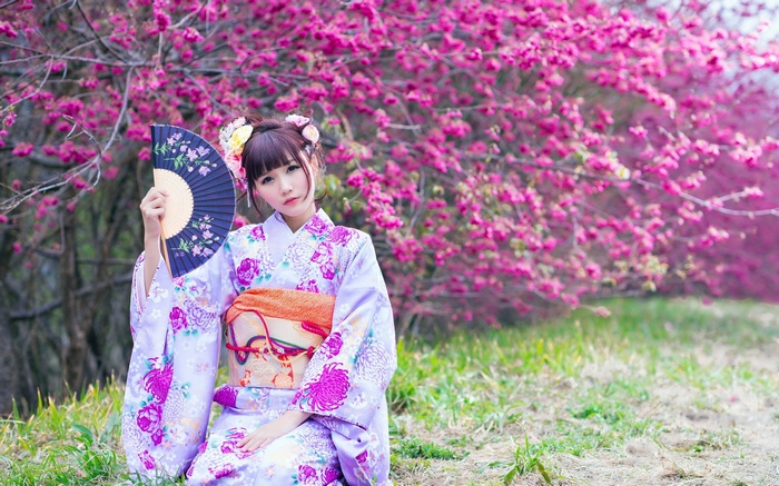Woman in Kimono Holding a Fan Under Cherry Blossoms