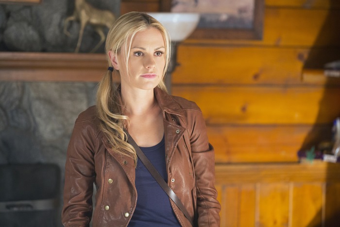 Anna Paquin in a brown jacket