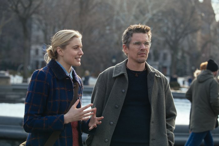 Greta Gerwig and Ethan Hawke outdoors