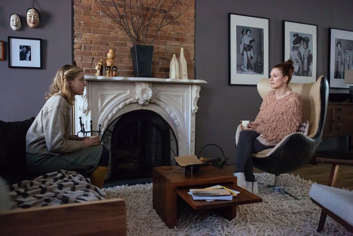 Greta Gerwig in a living room