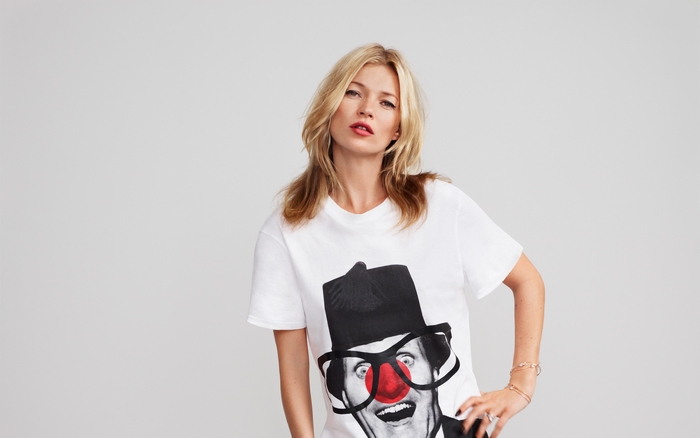 Kate Moss wearing a t-shirt with a clown graphic