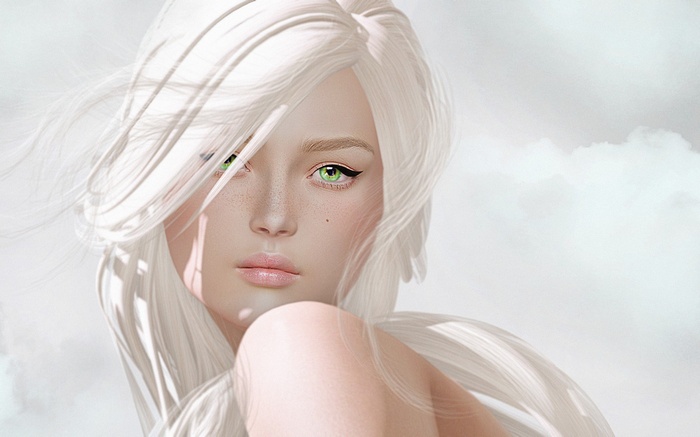 Woman with white hair and green eyes