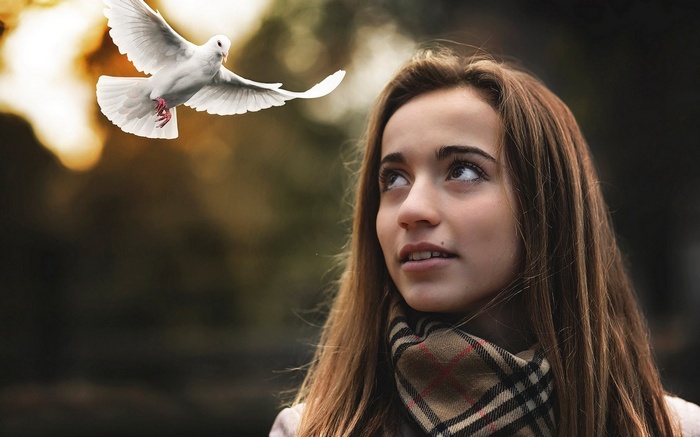 Girl looking up at a white dove flying