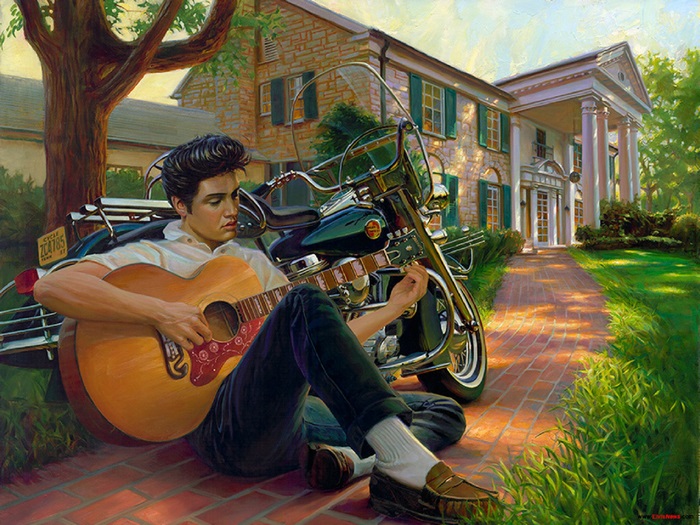Elvis Presley playing guitar at Graceland