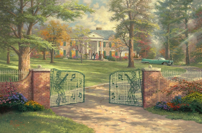 Graceland Gates with Elvis Presley Silhouette and Music Notes