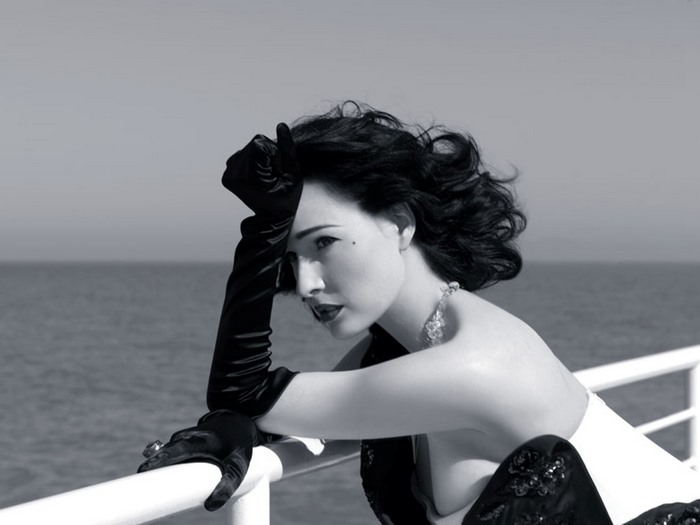 Dita Von Teese on a ship deck