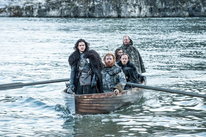 Jon Snow and companions in a boat
