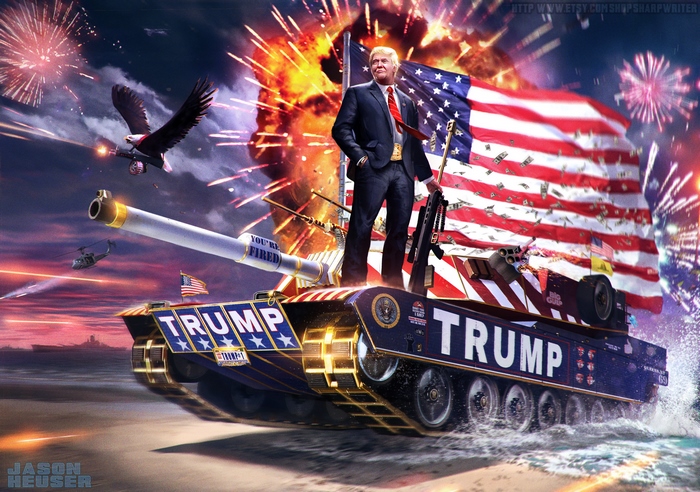 Donald Trump on a tank with American flag