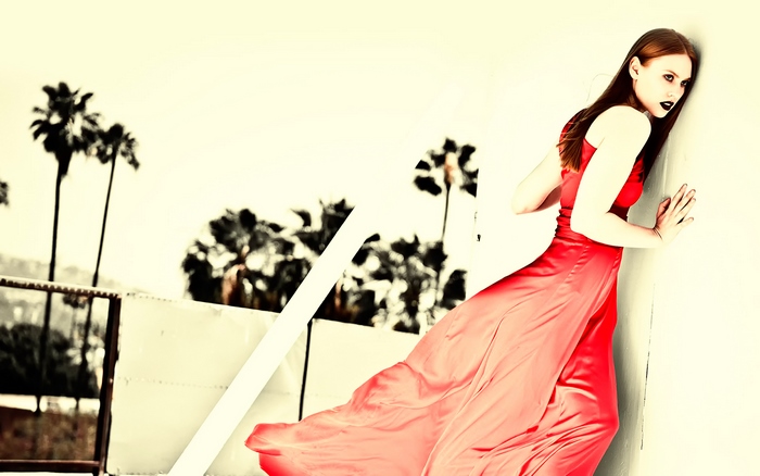 Deborah Ann Woll in a red dress