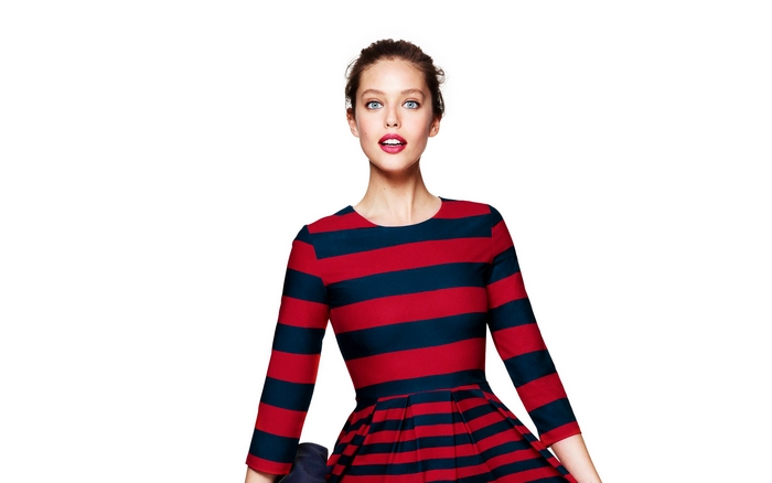 Emily DiDonato in a red and navy striped dress