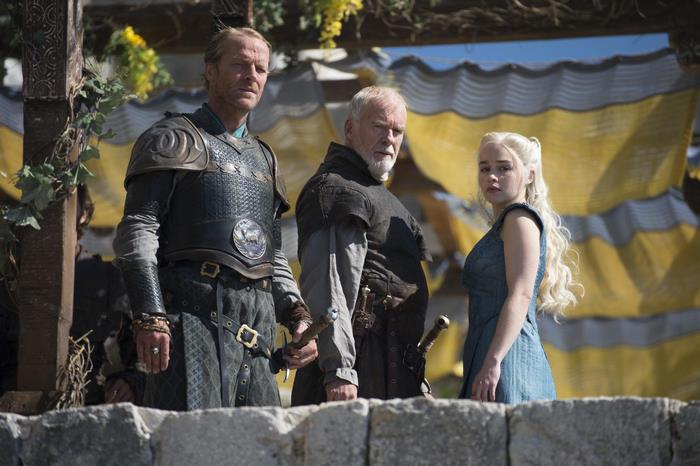Jorah Mormont, Ser Barristan Selmy, and Daenerys Targaryen