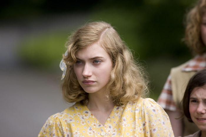 Imogen Poots in yellow floral dress