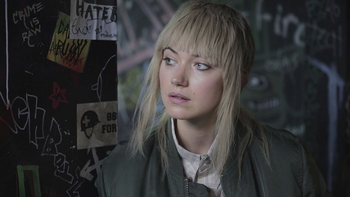 Imogen Poots in Green Bomber Jacket