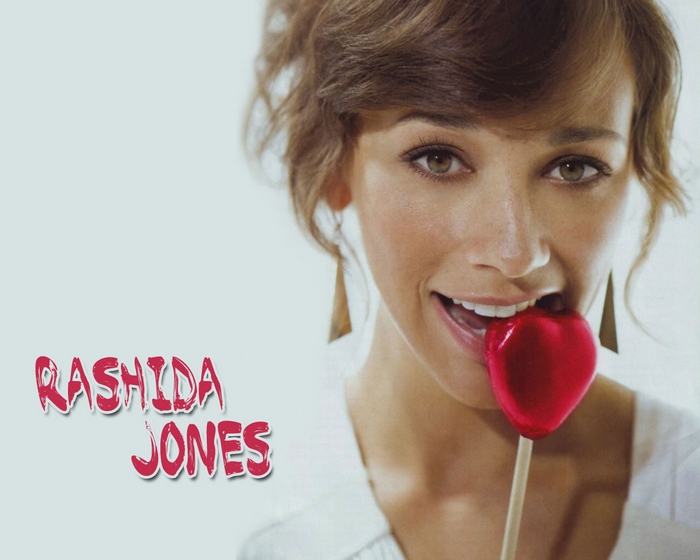 Rashida Jones with a heart-shaped lollipop