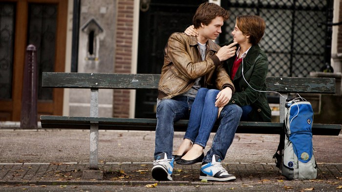 Ansel Elgort and Shailene Woodley on a bench