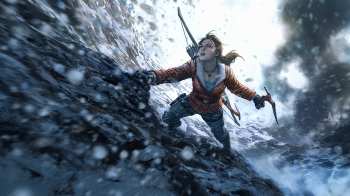 Lara Croft climbing a snowy mountain