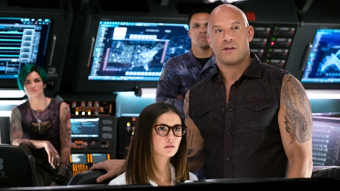Ruby Rose and Vin Diesel in a control room