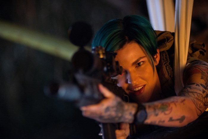 Ruby Rose with Green Hair Aiming Through Rifle Scope